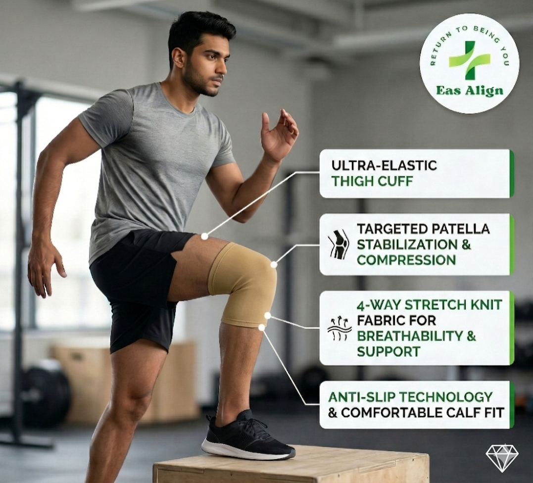 4 Way Knee Cap Support | Advanced Compression Sleeve For Pain Relief Stability And Recovery | Ergonomic Multi Directional Design With Adjustable Fit | Unisex 1 Pair